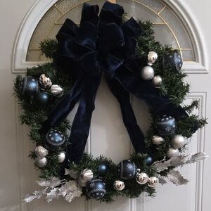 Festive Wreath with Dark Blue and Silver Ornaments